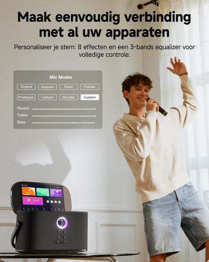 Draagbare Karaoke Machine voor Volwassenen, met Weergavescherm voor Songteksten, 2 Zelfopladende Draadloze Microfoons, Autotune & EQ, 140W Speaker, Verbinding met TV