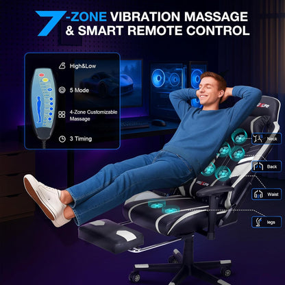 Douxlife Gaming Stoel, met 7-punts Massage, Ergonomische bureaustoel met Voetensteun, 90-175° Rugleuning Instelbaar, Verstelbare 2D-Armleuning, PC-gamerstoel, Bureaustoel, 180 kg, Zwart-wit