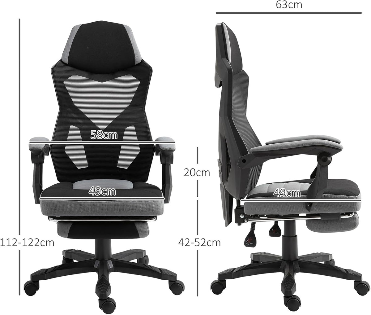 Vinsetto Bureaustoel, gamingstoel, in hoogte verstelbaar, rugleuning met zwenkwielen, voetsteun, netstof, 58 x 63 x 112-122 h cm, grijs/zwart