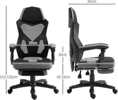 Vinsetto Bureaustoel, gamingstoel, in hoogte verstelbaar, rugleuning met zwenkwielen, voetsteun, netstof, 58 x 63 x 112-122 h cm, grijs/zwart