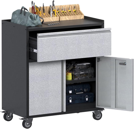gereedschapskast met laden, werkplaatswagen garagekast met wielen en 2 afsluitbare deuren, metalen kast ideaal voor gereedschap en accessoires