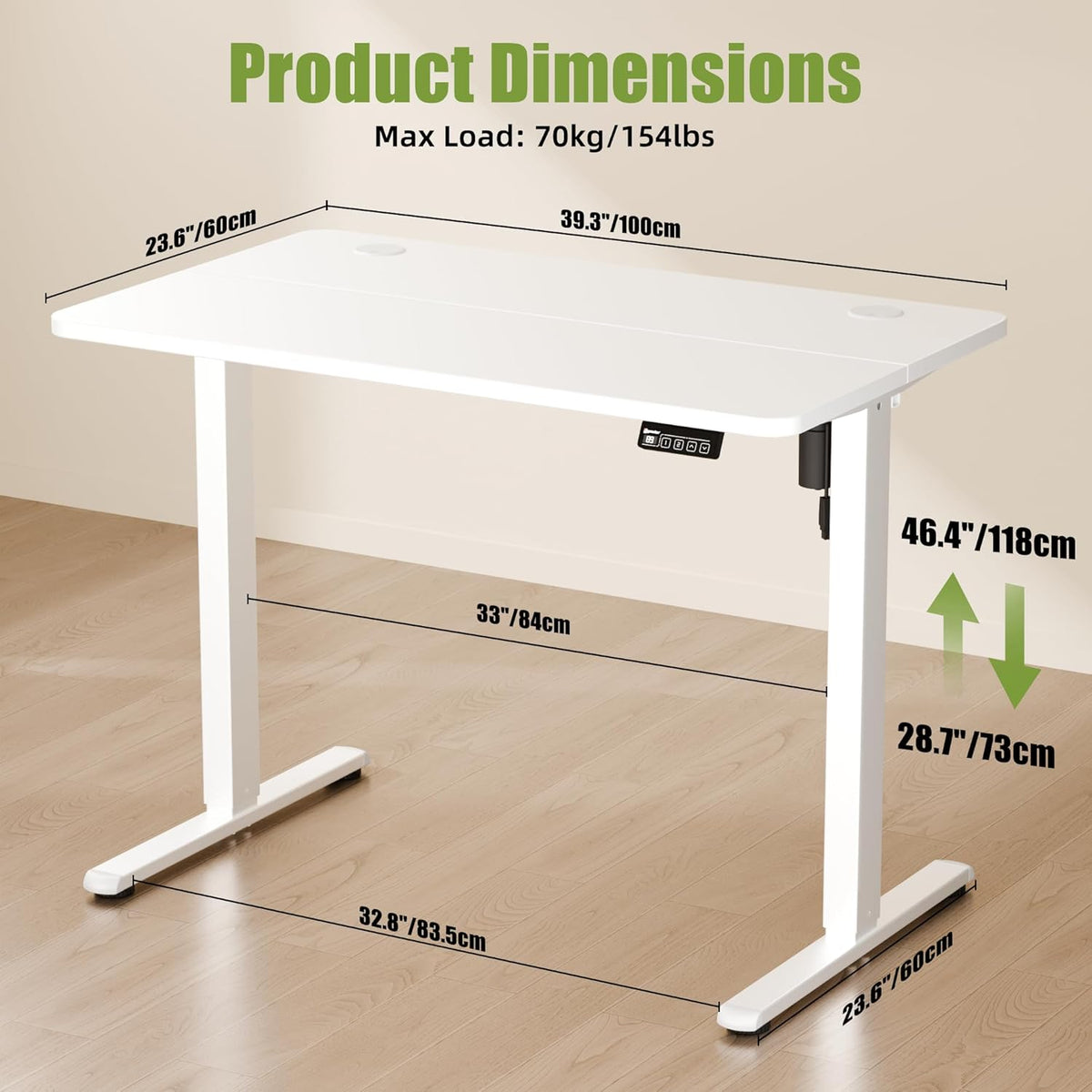 ERGOMAKER Elektrisch in hoogte verstelbaar bureau, 100 x 60 cm, elektrisch zit-sta-bureau, ergonomisch zit-sta-bureau, wit