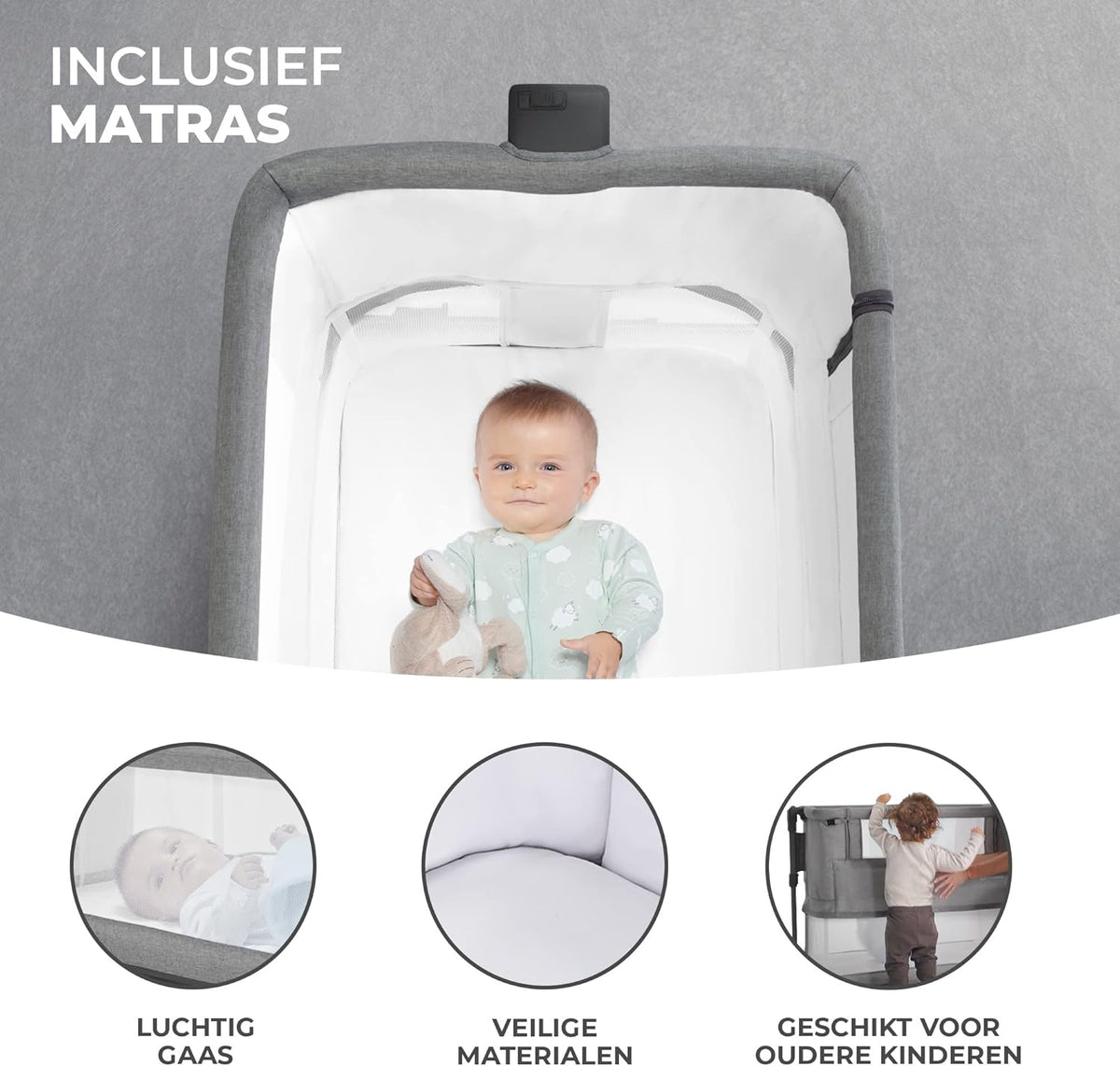 kk KinderKraft Kinderkraft NESTE GROW Baby Cot 3 in 1, Co Sleeper, Side Bed, Baby Cot from Birth to 2 Years, Height Adjustable, with Mattress Carry Bag, Soft Material, Grey - QUORE