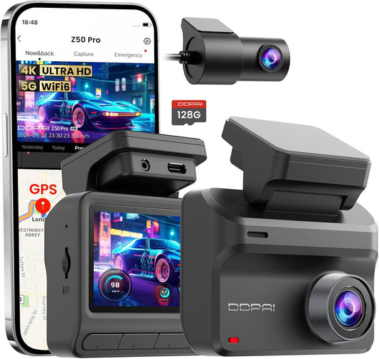 DDPAI Z50 Pro Dashcam Front and Rear 4K+1080P, 4K AI-ISP Night Vision, 128GB Card, 5GHz WiFi 6 GPS, 48U Park Monitor, 3" IPS Screen, G-Sensor, ADAS