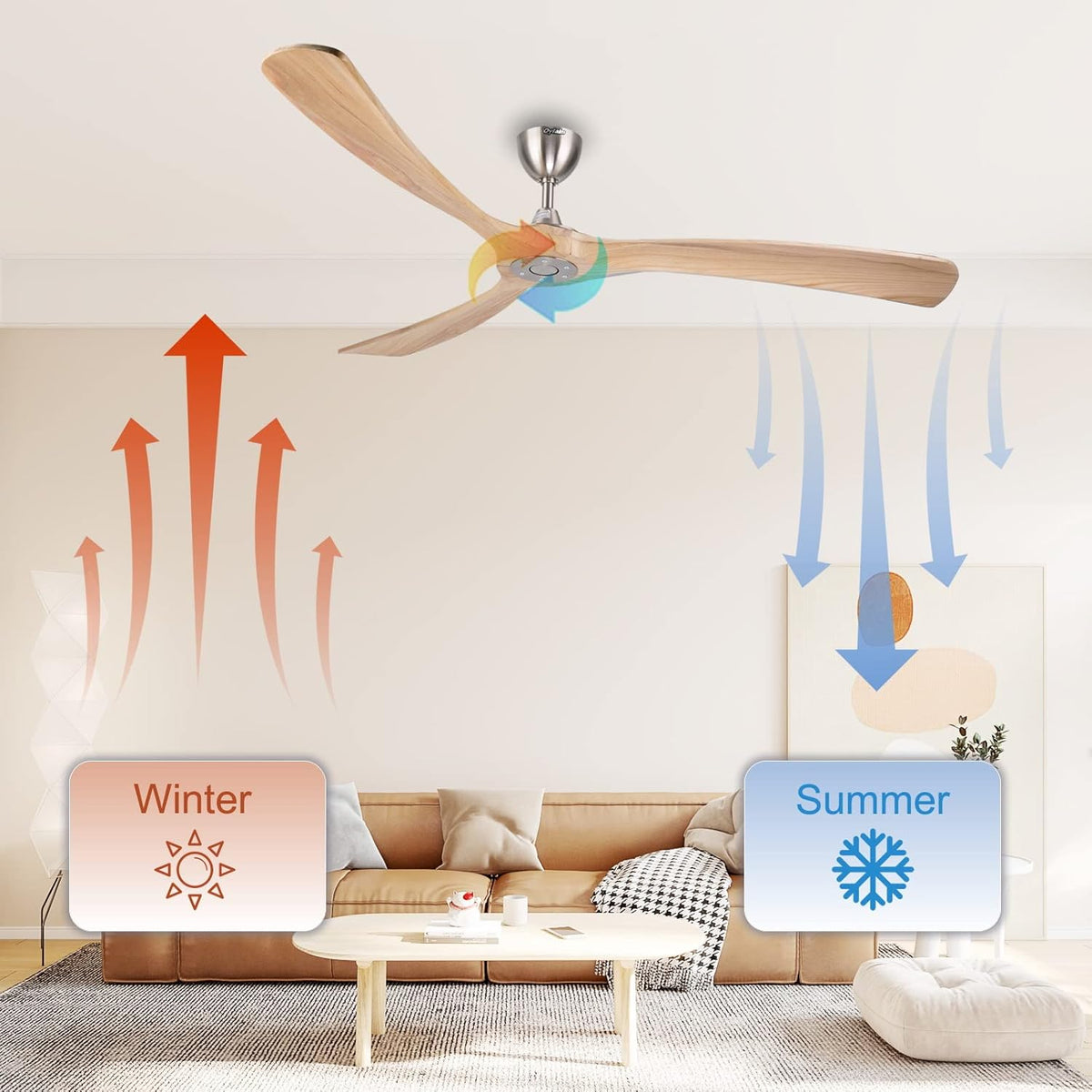 Ovlaim Smart wifi-plafondventilator, 183 cm, compatibel met Alexa en app-bediening, stille DC-motor, grote plafondventilator zonder licht, 3 houten bladen voor woonkamer, terras