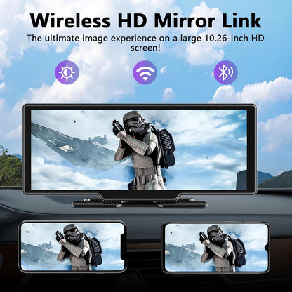 10,26 Inch Wireless Carplay Screen voor Car Play en Android Auto, Draadloze Autoradio met 4K Dashcam/1080P HD Achteruitrijcamera/Bluetooth/FM/AUX/64G TF/Mirror Link/Spraakbesturing/GPS-Navigatie