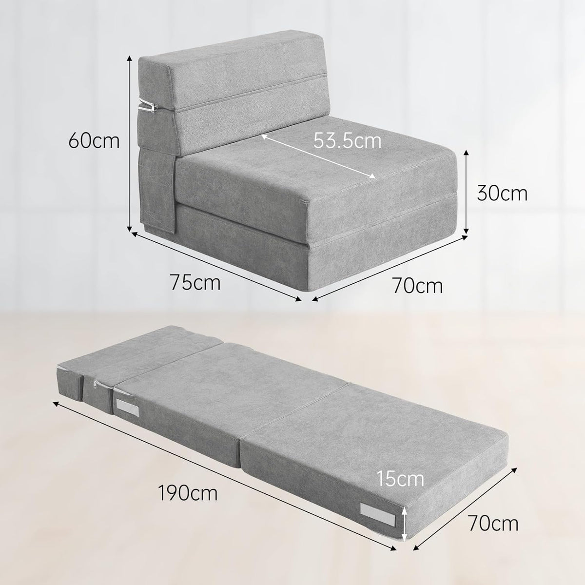 ANONER Memory Foam Folding Sofa Bed with Cushion Twin Size Futon Sleeping Chair for Living Room Apartment (Single, Light Grey) - QUORE