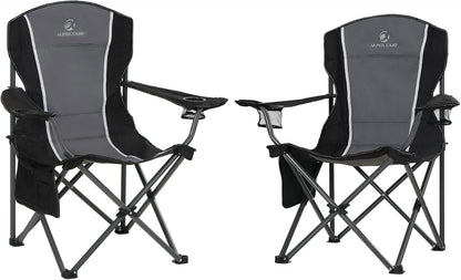 HIGH POINT SPORTS Campingstoel, opvouwbare visstoel, inklapbaar, belastbaar tot 160 kg, klapstoel met armleuning, bekerhouder, stalen frame, draagbare campingstoel, zwart-grijs, 2 stuks