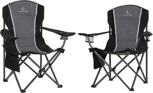 HIGH POINT SPORTS Campingstoel, opvouwbare visstoel, inklapbaar, belastbaar tot 160 kg, klapstoel met armleuning, bekerhouder, stalen frame, draagbare campingstoel, zwart-grijs, 2 stuks