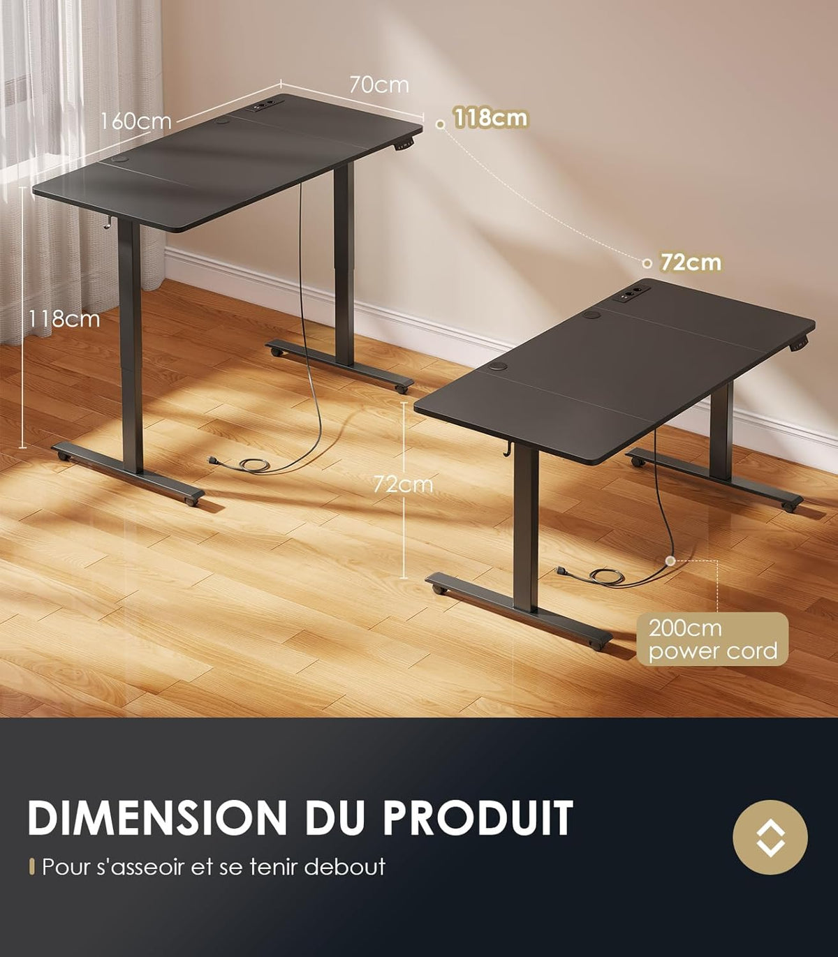 OffiGo Bureau Assis-Debout, 160 cm Elektrisch Bureau met Stopcontacten en USB, Standing Desk met 2 Geheugenstanden, Elektrische Tafel voor Thuis, Zwart