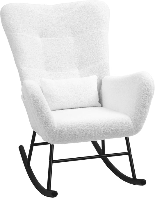 HOMCOM Rocking Chair, Teddy Fabric Look Rocking Chair, Armrest, Nursing Chair with Metal Glides, Lumbar Cushion, Relax Chair with Side Pocket for Living Room, Bedroom, White - QUORE