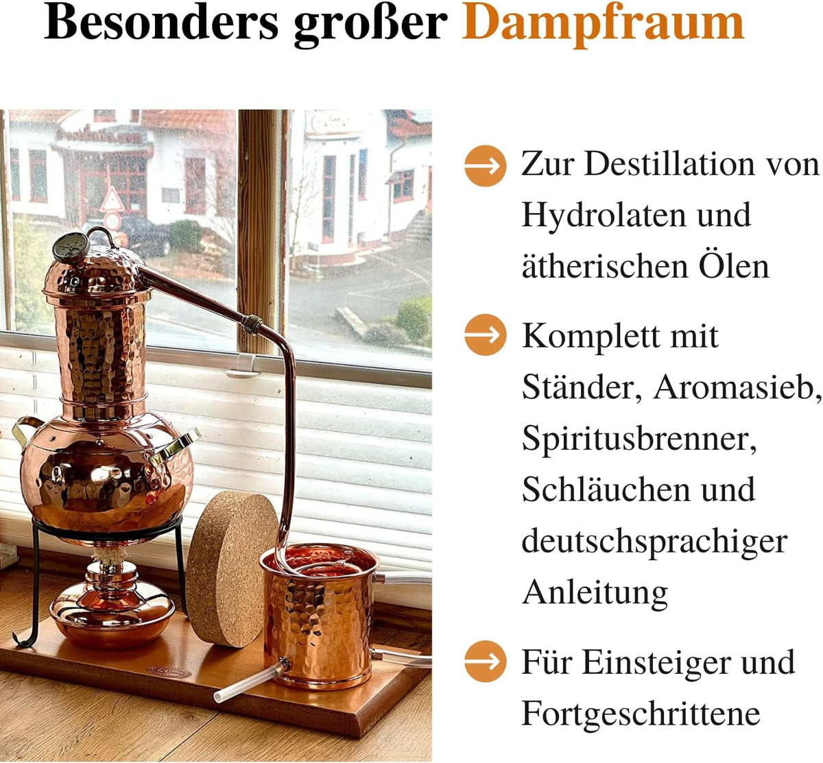 Aroma Distillation system Arabia 2 Liter I Tafeldestille incl. alcohol burner, aroma sieve & thermometer I Distillator for hydrolates & essential oils I For beginners - QUORE