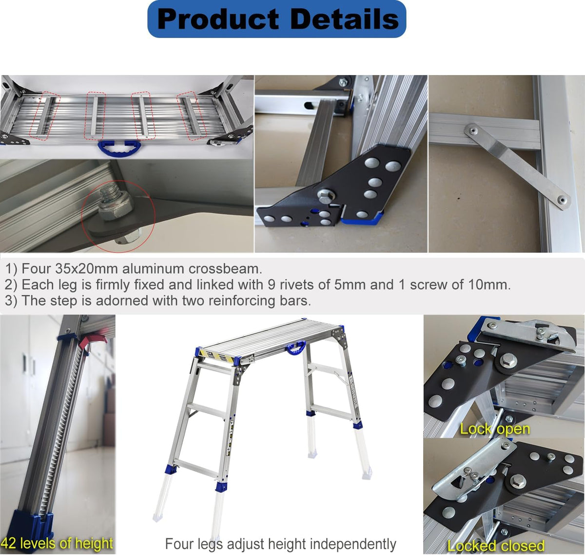 Werkplatform 100 x 30 cm, 2-traps werkplatform inklapbaar met antislip rubberen mat, alle poten in hoogte verstelbaar van 65 tot 90 cm, draagkracht 150 kg