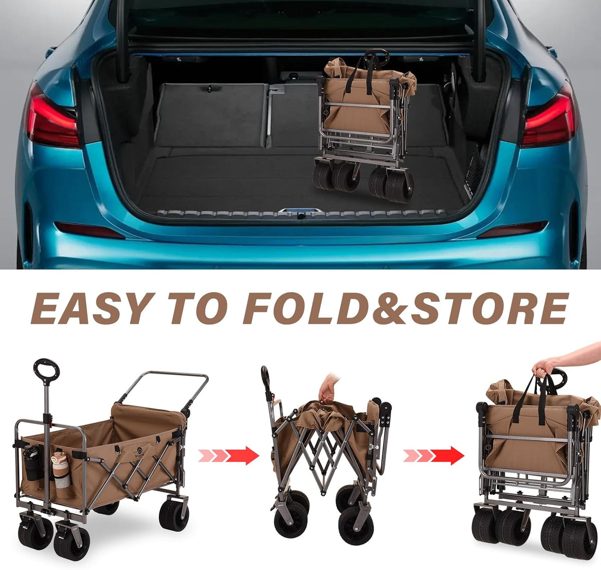 Opvouwbare Bolderwagen met Brede Wielen en Rem, 120KG Transportkar voor Multi-Terrein met Opvouwbare Achterklep, Tuinwagen Campingkar voor Picknick, Vissen, Buiten (Met Tafelblad)