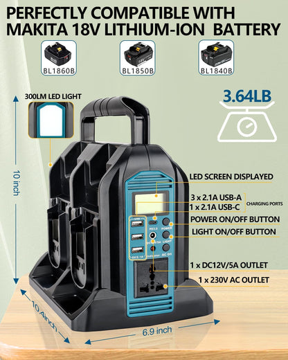 Taingwei 350 W Sine Wave omvormer voor Makita 18V batterij, 4-poorten, 18V naar 230V volt, spanningsomvormer met 3 USB-A-poorten, 1 USB-C poort, 300 lm ledlicht voor camping, reizen, jacht