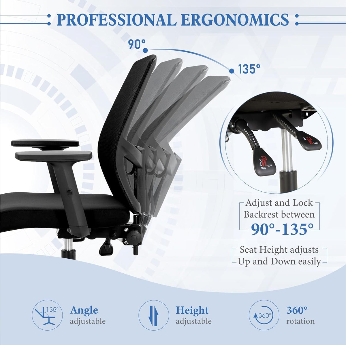 ALPHA HOME Ergonomische stoel van netstof, bureau met gemiddelde rugleuning, computer met verstelbare armleuningen