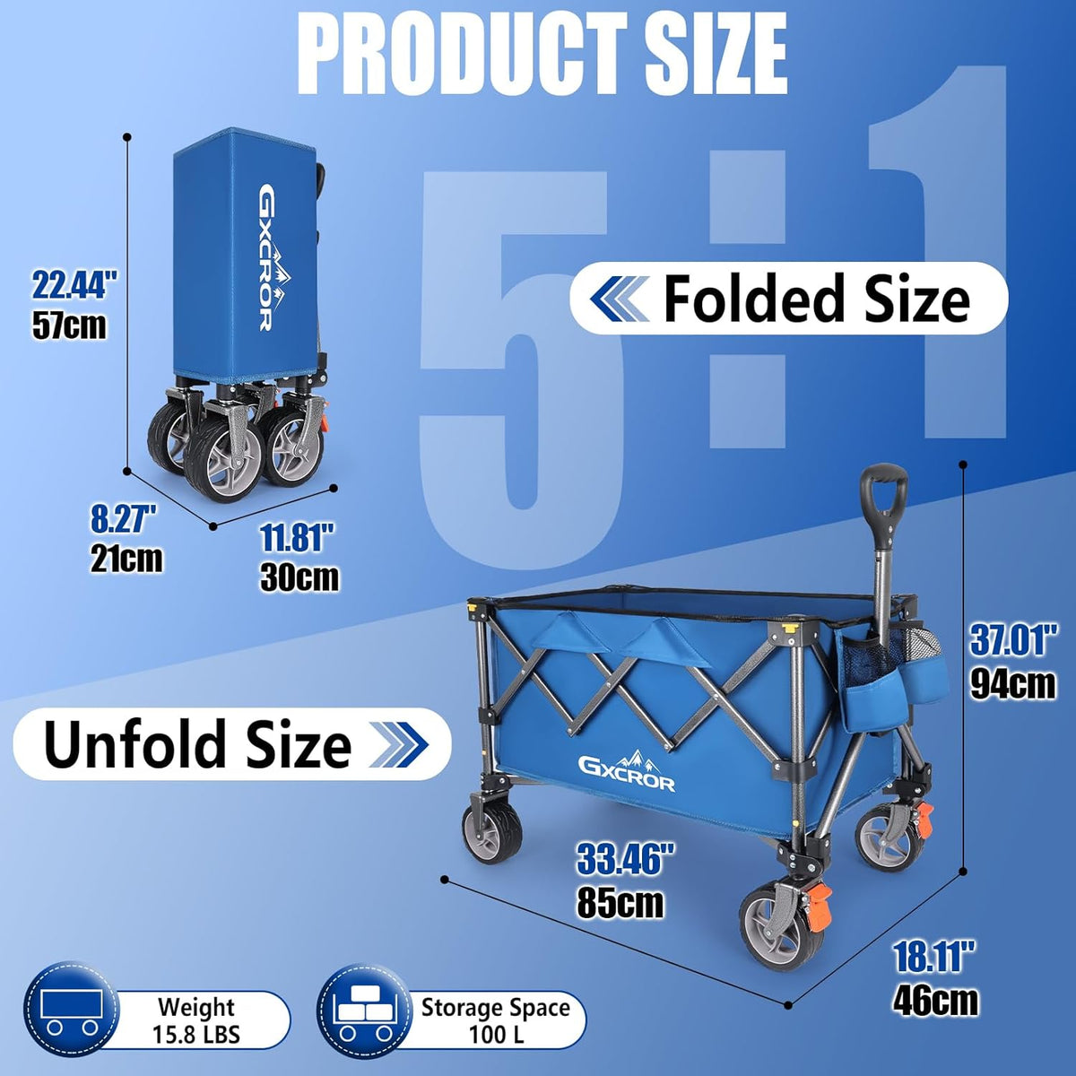 GXCROR Opvouwbare trolley kar 100L Heavy Duty Opvouwbare Wagon met 13cm brede wielen en verwijderbare wielen, Beach Utility Cart met remmen en zijvakken