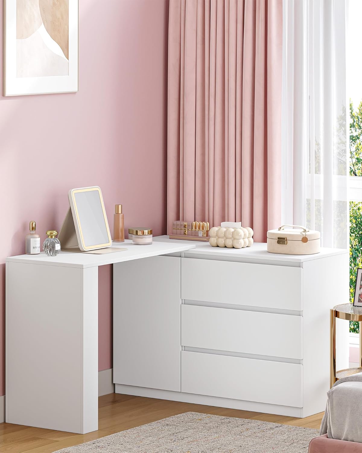 Hzuaneri Dressing Table with Drawers, L-Shaped Corner Dressing Table, Dressing Table with 1 Storage Cabinet and 2 Open Storage Shelves, Bedroom, Living Room, Modern, White DT42803XEU