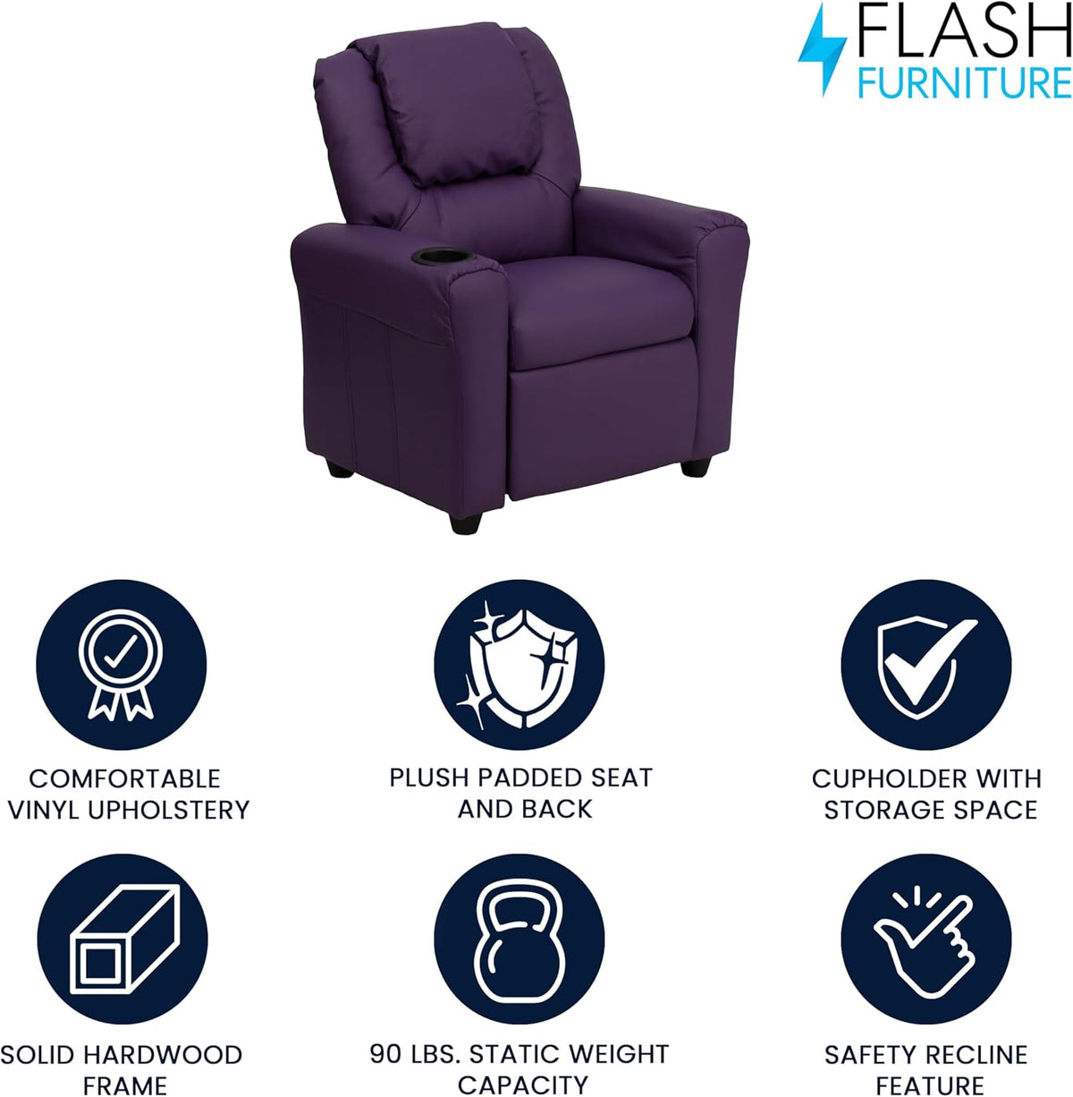 Flash Furniture Hedendaagse kinderfauteuil met bekerhouder en hoofdsteun, hout, paars Vinyl, 60,96 x 48,26 x 48,26 cm
