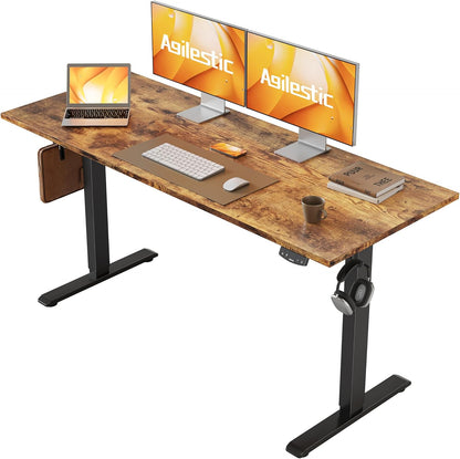 Agilestic, In hoogte verstelbaar bureau, 140 x 60 cm, elektrische computertafel met geheugenfunctie, voor kantoor en thuis, bruin