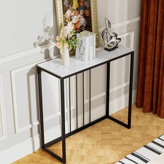FATIVO Consoletafel, wit, 80 cm, gangtafel, marmer, salontafel, Scandinavisch, bijzettafel, moderne entreetafel met zwart metalen frame, luxe ingang, decoratieve tafel voor woonkamer, 80 x 30 x 78,5