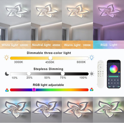 RGB-kleurveranderende plafondventilator, 6-snelheden omkeerbaar licht, stille dimbare LED-plafondventilator voor kinderkamers - RGB-wit