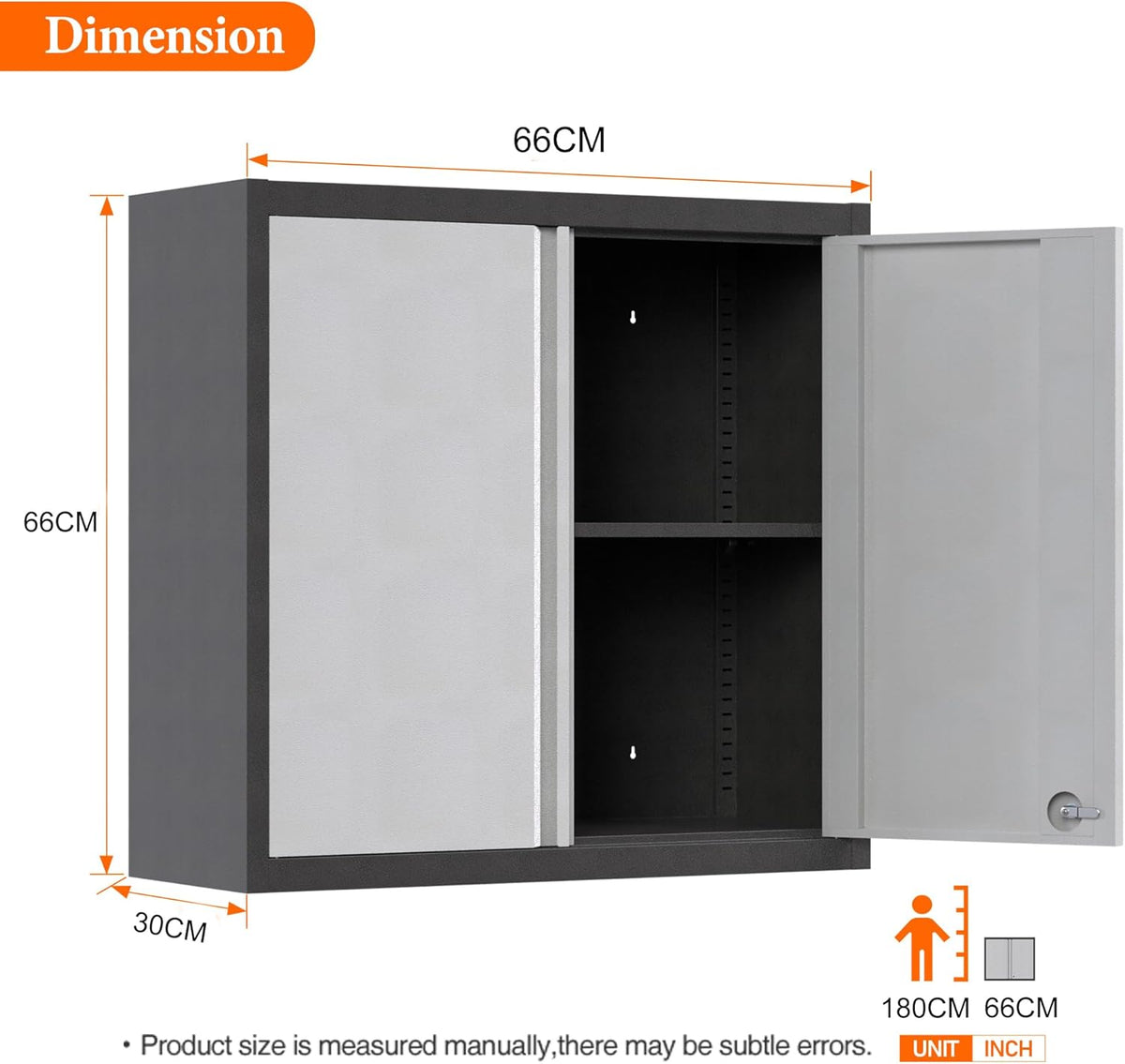 Hanging cabinet, metal tool cabinet with 1 height-adjustable shelves and 2 doors, lockable, wall hanging cabinet made of stainless steel, garage, workshop, kitchen, 66 x 66 x 30 cm (H x L x D)