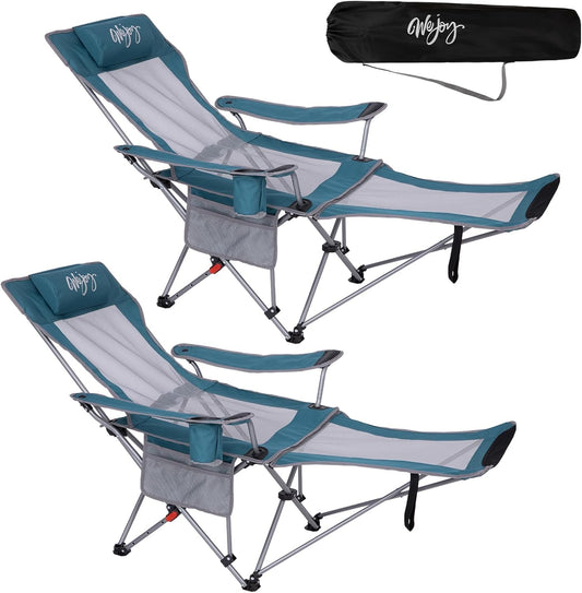 #WEJOY 2-in-1 campingstoel, opvouwbaar, 180 kg, met voetsteun, strandstoel met 4-voudig verstelbare rugleuning, relaxstoel, ligstoel met bekerhouder, ligstoel voor outdoor, camping, cyaan/grijs, set