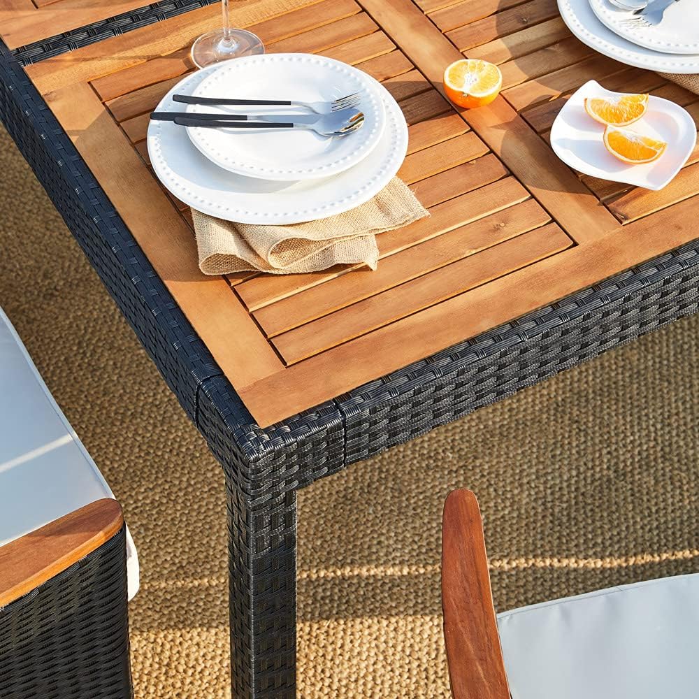 Casaria Polyrattan Garden Set Acacia 8 Chairs incl. 7cm Cushions Adjustable Backrest 190x90cm Garden Table Weatherproof Garden Chair Lounge Set - QUORE