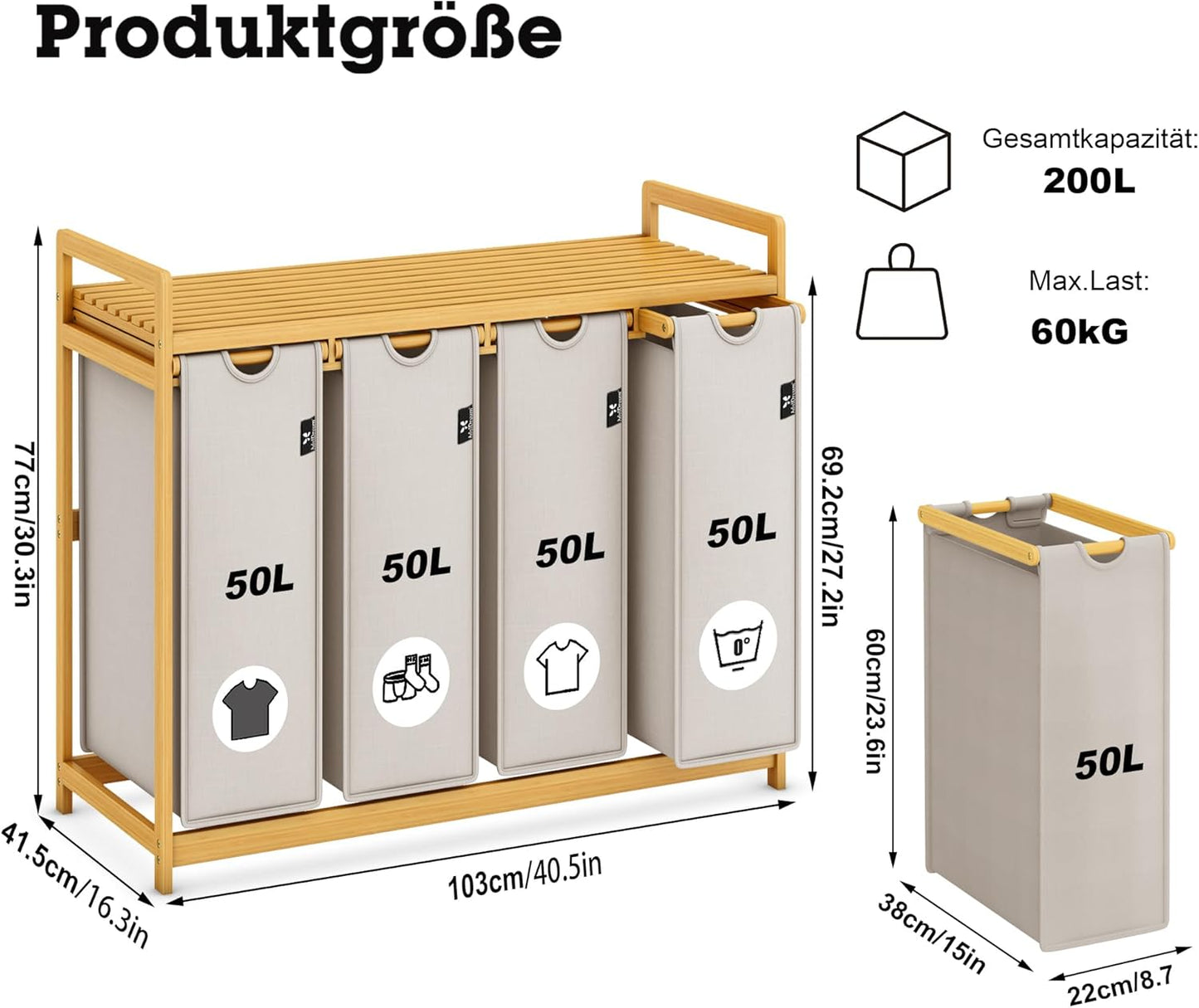 AdealDream Wasmand met bamboeframe 200L 4 vakken uittrekbare en afneembare waszak wasverzamelaar laundry baskets bamboe lichtgrijs-06-19