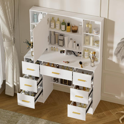 Kaptafel – Make-uptafel – Opmaaktafel – Make-up Tafel – Make-up Spiegel – 7 Laden & 6 Planken – LED Verlichting Met Opklapbare Spiegel – Wit 100x40x140 cm