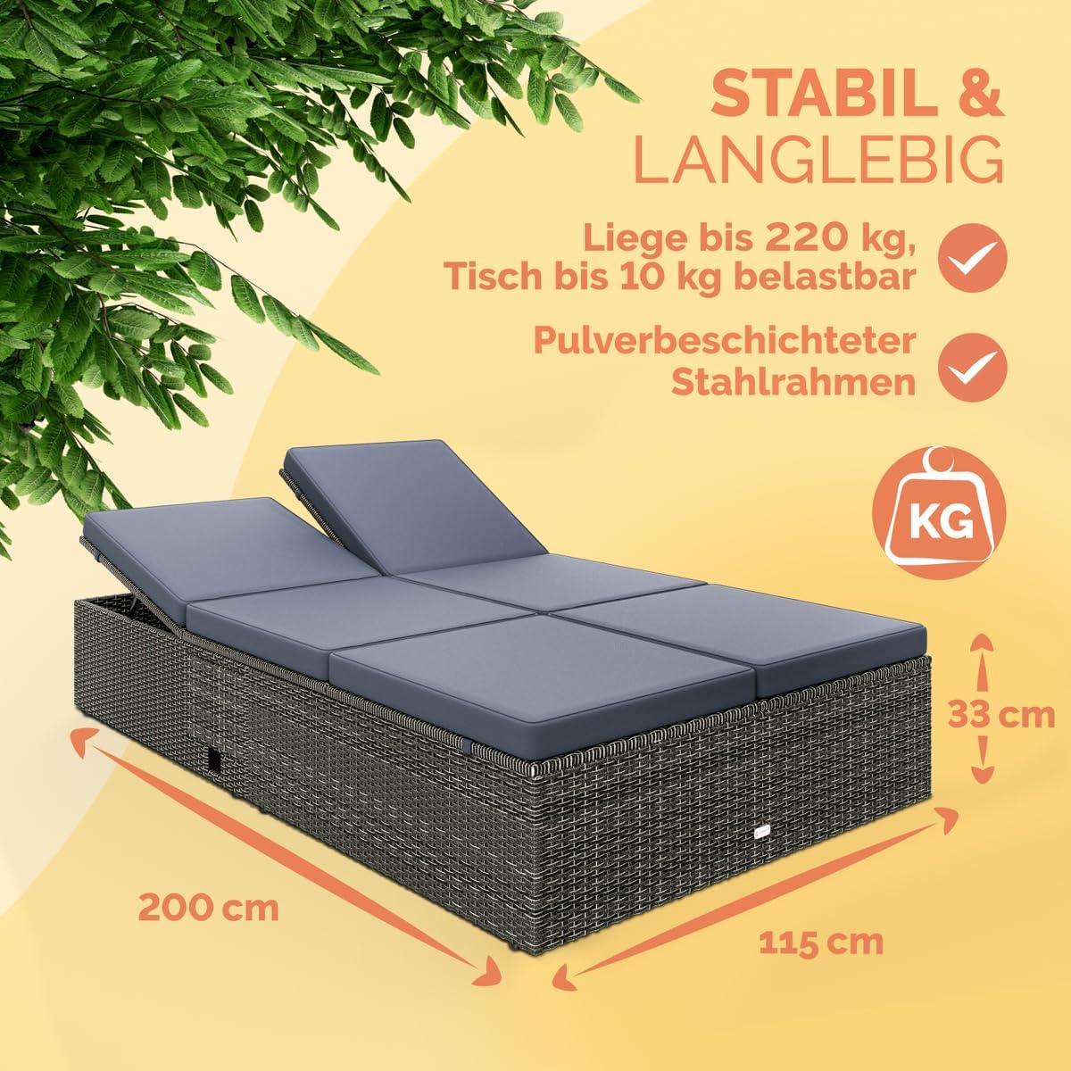 CASARIA® Double Lounger Polyrattan 200x115cm Adjustable Tables Double Lounge Sofa Sun Lounger Garden Grey/Anthracite - QUORE