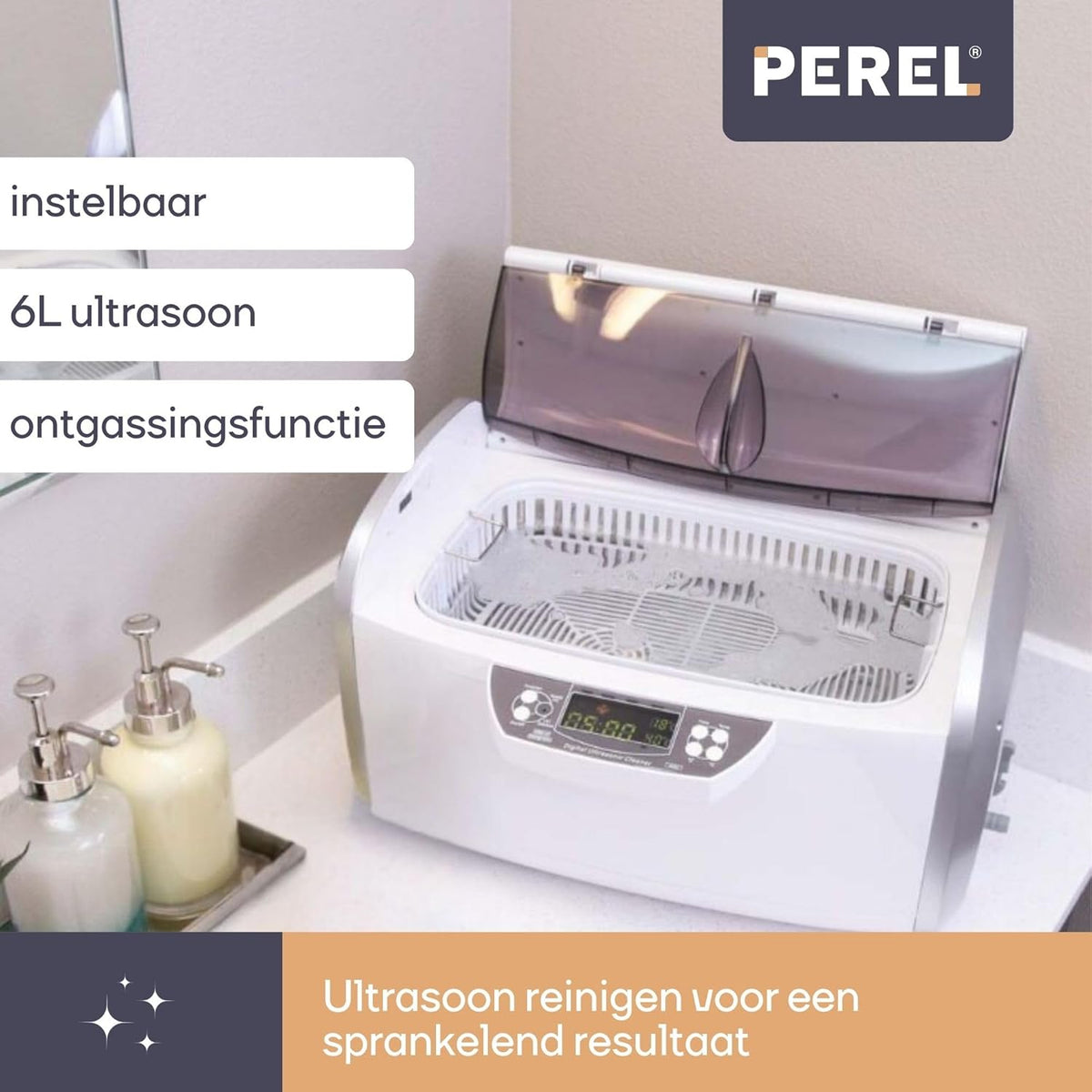 Perel Ultrasoon reiniger 6 L, ultrasonic cleaner 35 kHz, sieradenreiniger voor brillen horloges gebit munten sleutels, rvs tank, digitale timer en temperatuurregeling, aftapkraan, krasvrij, wit