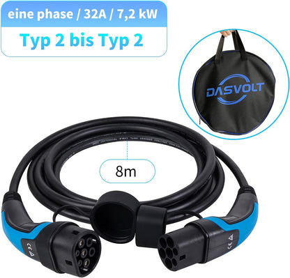 lighteu, DasVolt® EV/oplaadkabel voor elektrische en hybride voertuigen | type 2 tot type 2 | 32 A (7,2 kW) / één fase | oplaadkabel voor thuis 8 m IP55