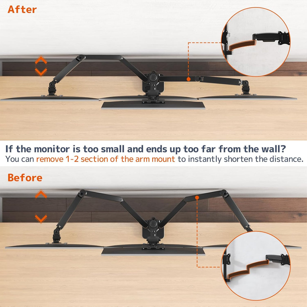 PUTORSEN Monitorhouder 4 monitoren, max. tot 1 x 49 inch en 3 x 27 inch platte en gebogen schermen, 80 cm stang-tafelhouder, verstelbare gestapelde monitorhouder, VESA 75/100