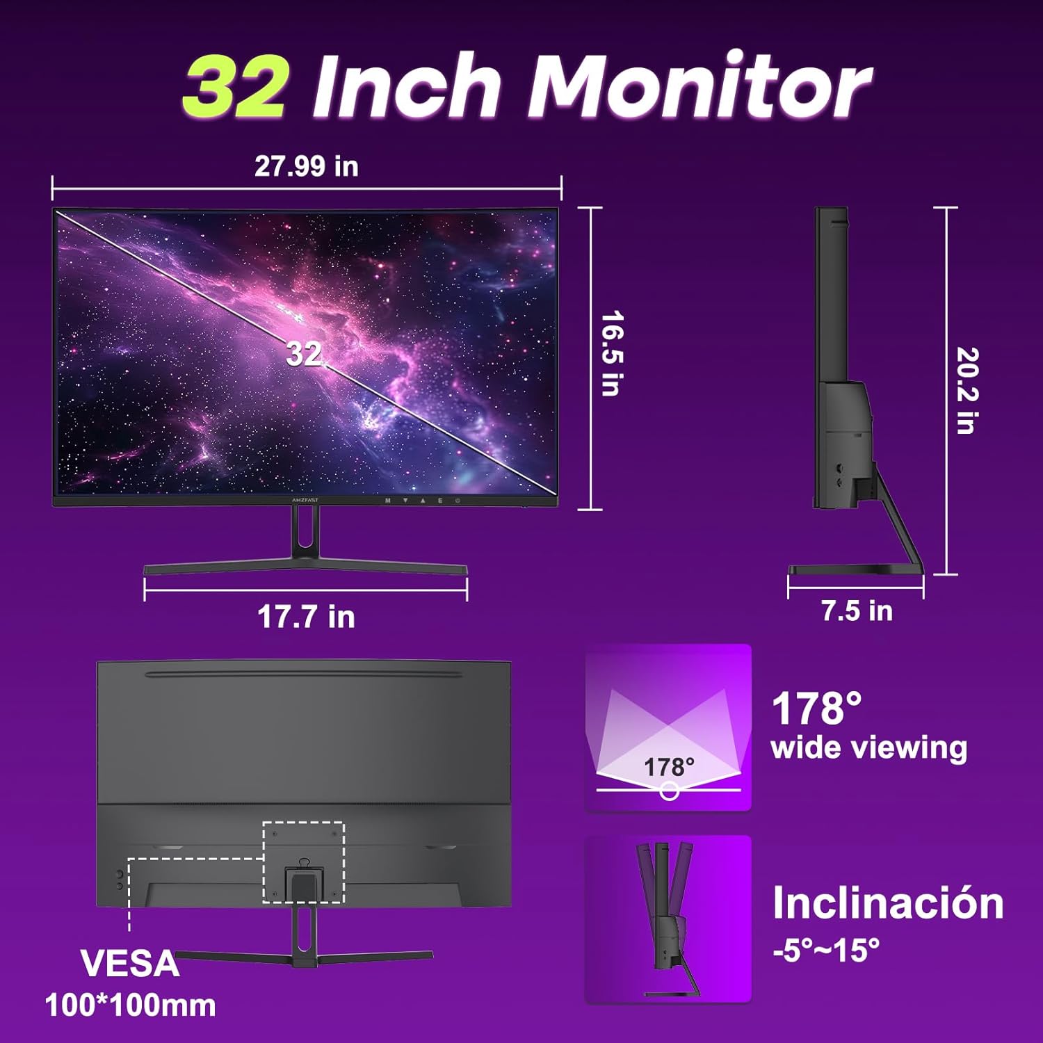 Amzfast 32 Inch Curved Gaming Monitor 180Hz, QHD 2560x1440, 1ms MPRT, DCI-P3 93%, sRGB 120%, Fast VA 1500R, Adaptive Sync, VESA 100x100mm, HDMI 2.0×2 & DP 1.4×2, AMZG32C1Q - QUORE