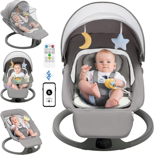 Baby Electric Bouncer 0 to 12 kg with Lullaby, 5 Rocking Speeds, Dinner Plate, Bluetooth Remote Control, Foldable, 5-Point Strap, for Indoor and Outdoor Use - QUORE