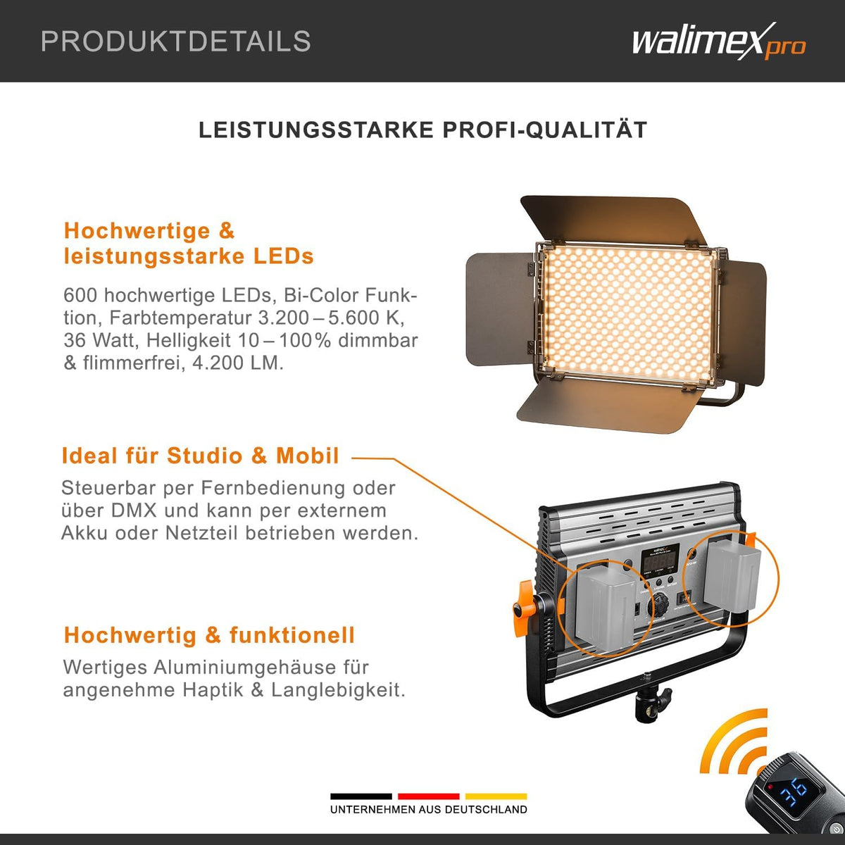Dimbare LED-Paneellamp – Videolamp – Fotolamp – Studiolamp – Streamverlichting – Bi-Color Met Batterijsleuven – 36 W, 4200 Lumen – 3200-5600 K, CRI ≥97