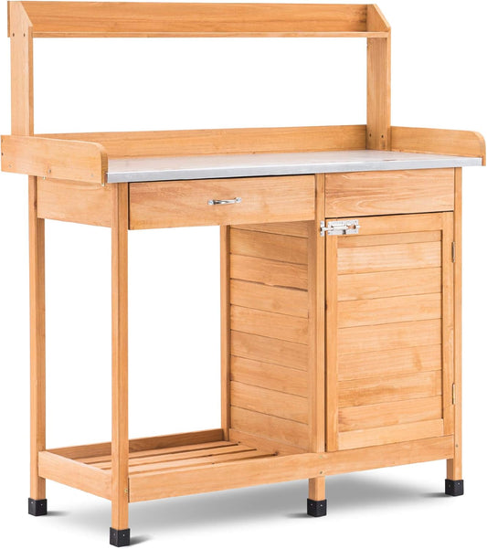 MCombo 0440EY Garden Table Flower Table with Galvanized Worktop Drawer Base Cabinet Weatherproof Wood 112 x 47 x 125 cm (Natural, 12 x 47 x 125 cm) - QUORE