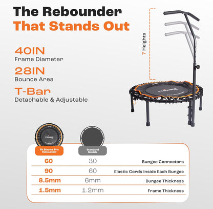 MXL FIT Bounce PRO Bungee Rebounder met T-Bar Handvat - Premium Indoor Mini Trampoline voor Volwassenen Stille Laag-Impact Bounce, Half-Opvouwbaar met Opvouwbare Stalen Poten & Draagtas - 101,6 cm