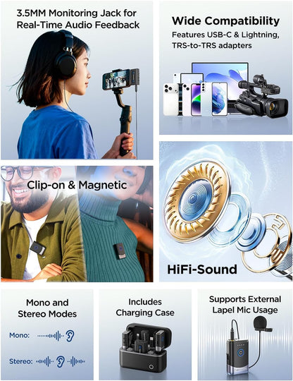 Draadloze Microfoonset – Draadloze Microfoon – Lavalier Microfoon – Dasspeldmicrofoon – Vlog Microfoon – 2 Zenders + 1 Ontvanger – 200 M Bereik – USB-C, Lightning En 3,5 Mm Compatibel