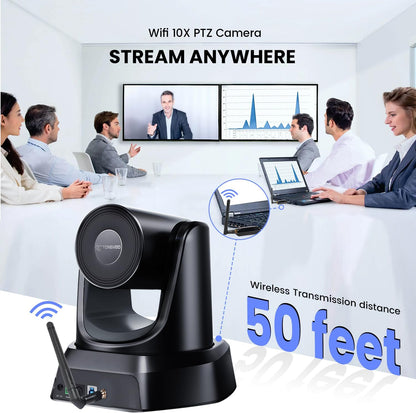 Camerasysteem voor vergaderruimte, draadloos, 5,8 GHz, PTZ-camera 3 x 60 fps met bluetooth-microfoon, bereik van 50 voet, met zoom, Skype, OBS - eenvoudig te installeren en online vergaderingen