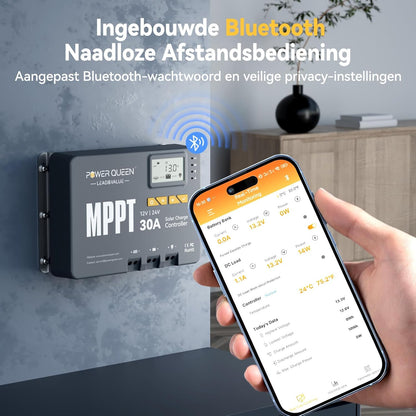 Power Queen MPPT Solar Charging Controller 12/24V 30A 900W max Bluetooth-module LCD display standaard voor LifePO4 accu compatibel met batterijen van