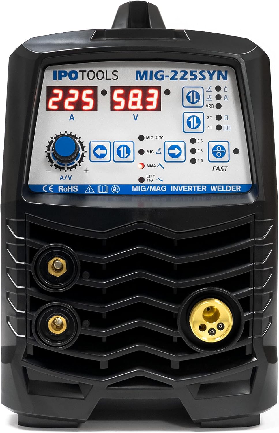 IPOTOOLS MIG-225SYN Inverter lasapparaat MIG MAG - beschermingsgas lasapparaat met 225 ampère, synergic-functie, vuldraad en elektroden, E-hand, digitaal display, IGBT, 230 V