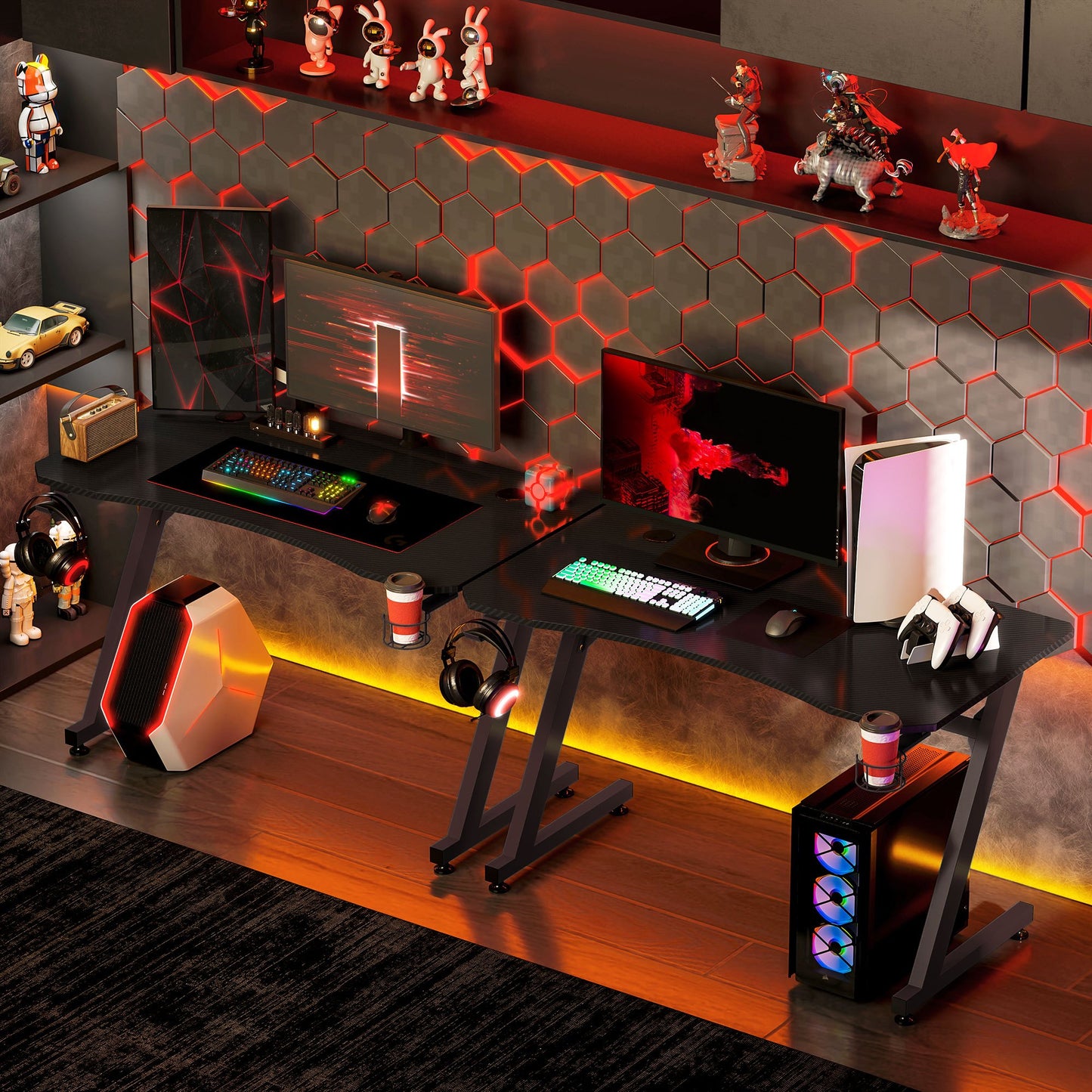 Gaming Bureau – Gamer Bureau – Computerbureau – Werkbureau – Studiebureau – Zwarte Carbon-Fiber Look – Verstelbare Voetjes & Kabeldoorvoeren