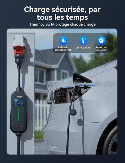 Raylix 11 kW elektrische autolader, type 2 (5 m, 6 A - 16 A, driefasig) met elektriciteitsmeter, instelbare intensiteit en uitgesteld opladen, laadstation 11 kW driefasig, compatibel met type 2