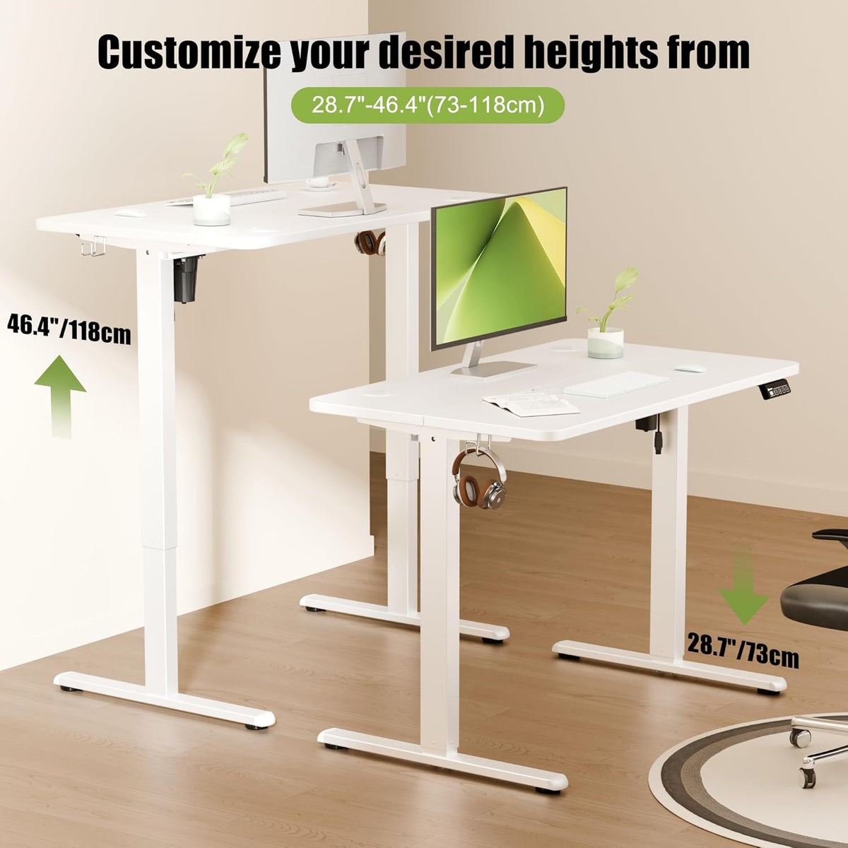ERGOMAKER Elektrisch in hoogte verstelbaar bureau, 100 x 60 cm, elektrisch zit-sta-bureau, ergonomisch zit-sta-bureau, wit