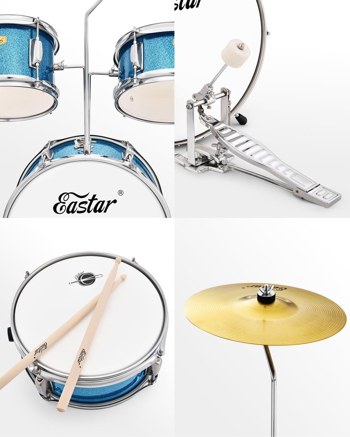 Eastar 3-delig voor kinderen, 3-delig voor beginners, 14 inch drumset met verstelbare troon, bekken, pedaal en twee paar drumsticks, junior drumset met bas Tom snaredrum, metallic hemelsblauw