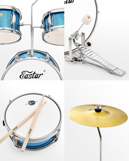 Eastar 3-delig voor kinderen, 3-delig voor beginners, 14 inch drumset met verstelbare troon, bekken, pedaal en twee paar drumsticks, junior drumset met bas Tom snaredrum, metallic hemelsblauw