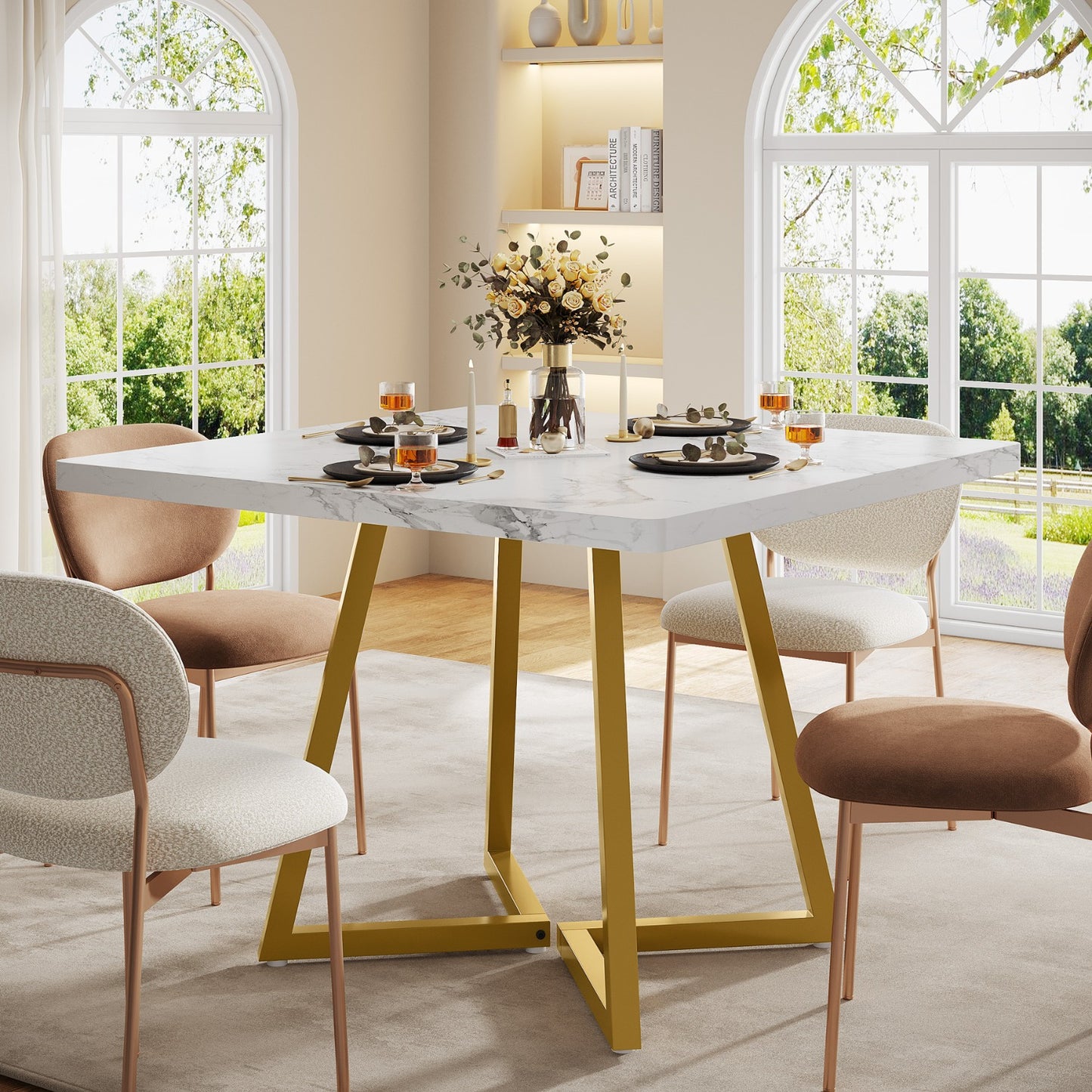 Vierkante Eettafel – Tafel – Eetkamertafel – Compacte Tafel – Keukentafel – Wit Gouden Marmerlook – 80x80 cm – Stabiel Metalen Onderstel